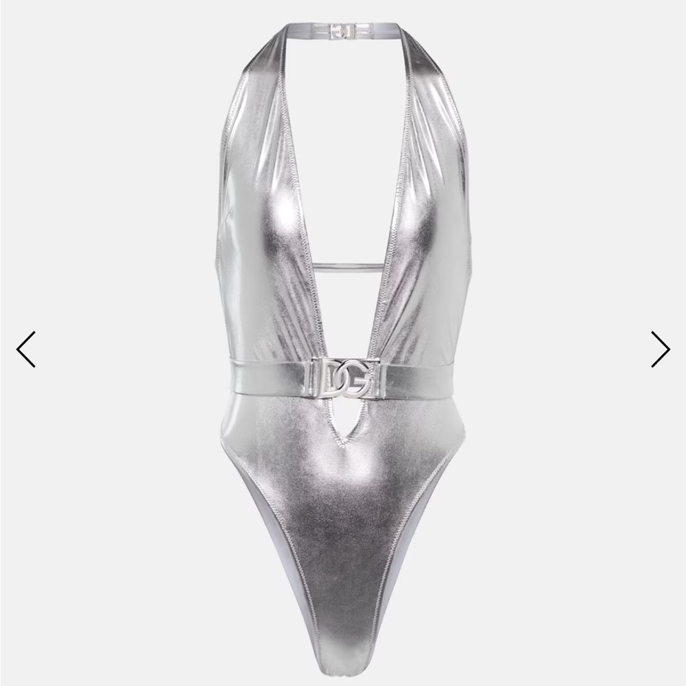 Dolce & Gabbana Metallic Silver Plunge One-Piece Swimsuit